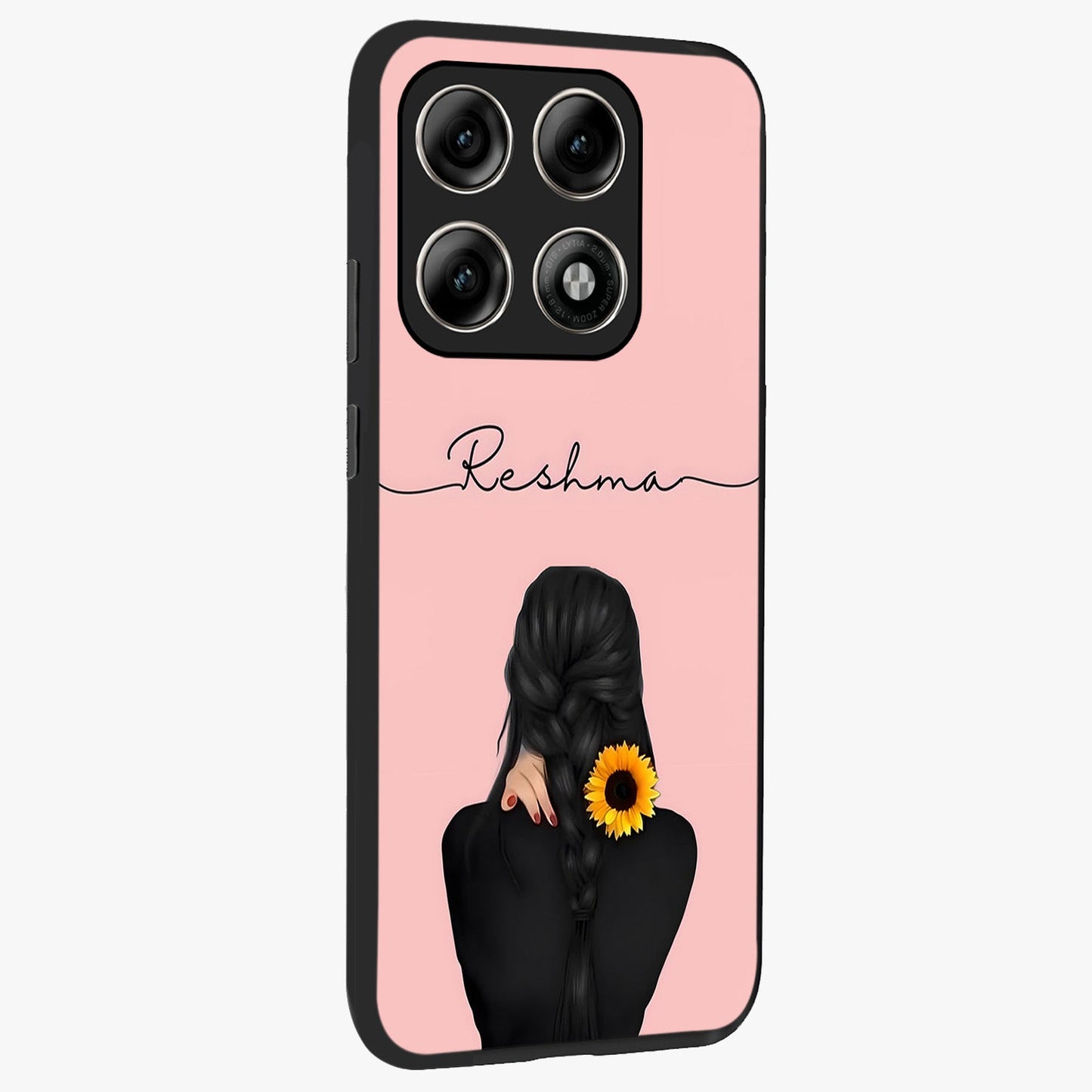 Sunflower Braid Beauty With Custom Name Glass Case upright view showcasing bright sunflower artwork with personalized floral aesthetic.
