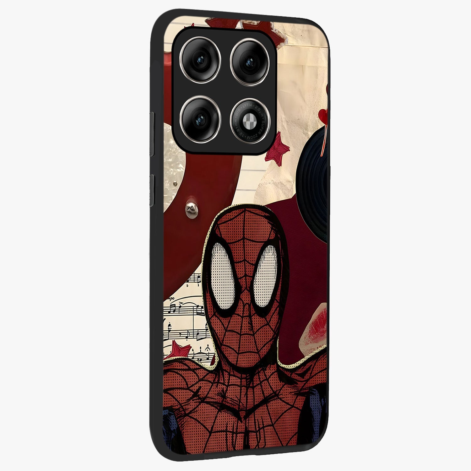 Web Warrior Vibes Glass Case upright view showcasing energetic superhero artwork with bold action theme.