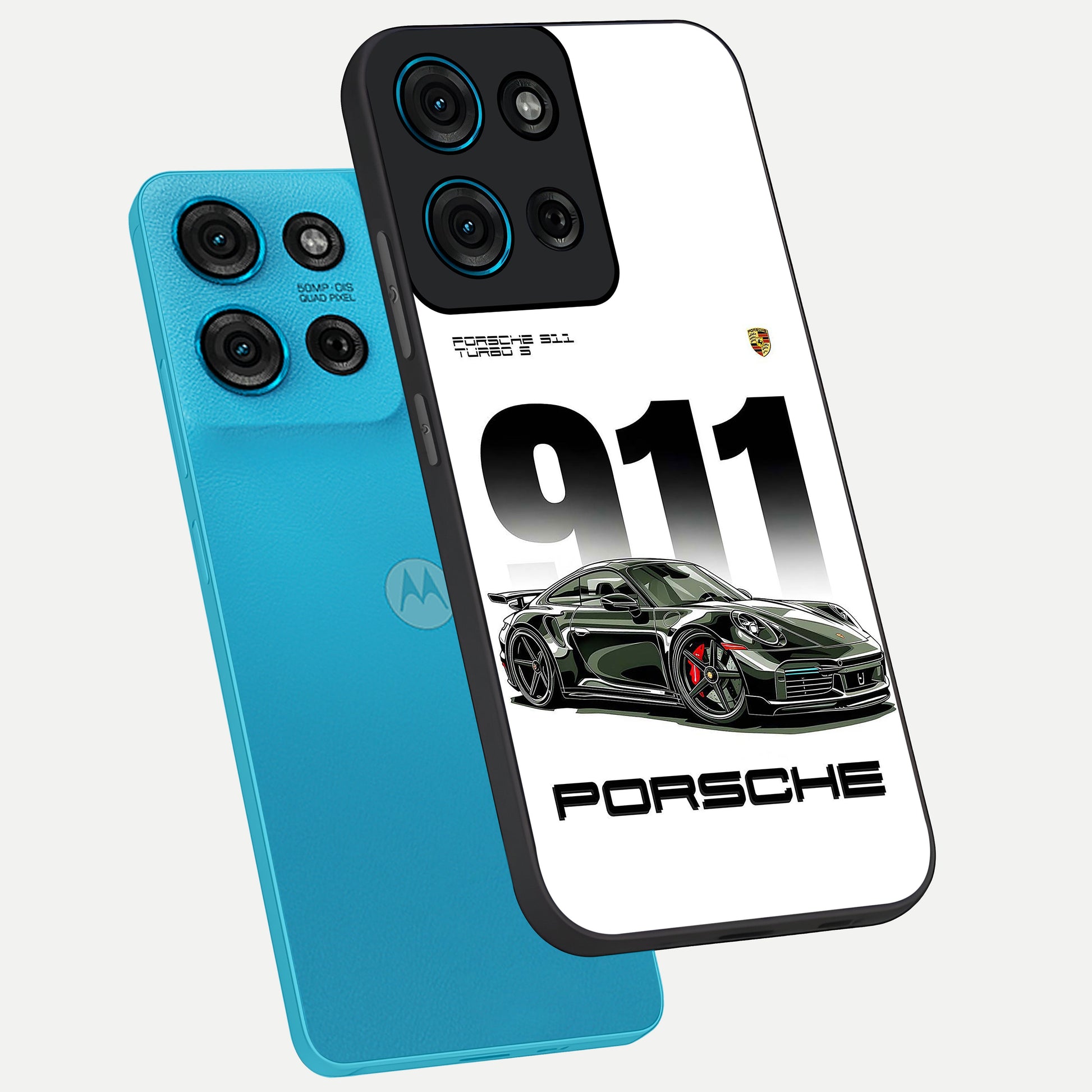 911 Turbo Dominance Glass Case displayed in premium angled mockup highlighting sporty car illustration and sleek glass surface.