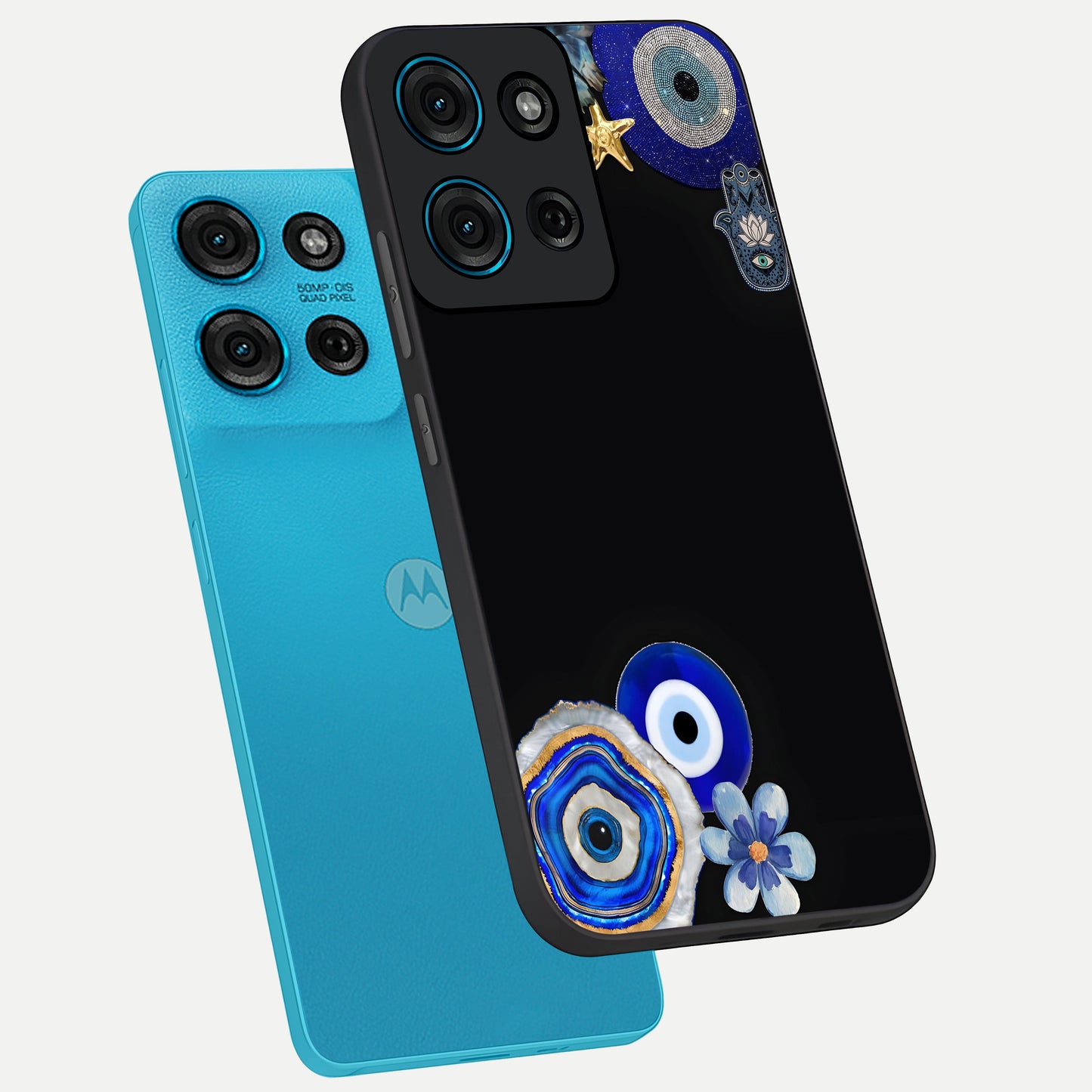Aesthetic Blue Evil Eye Glass Case displayed in angled mockup highlighting blue evil eye symbol and spiritual aesthetic design.