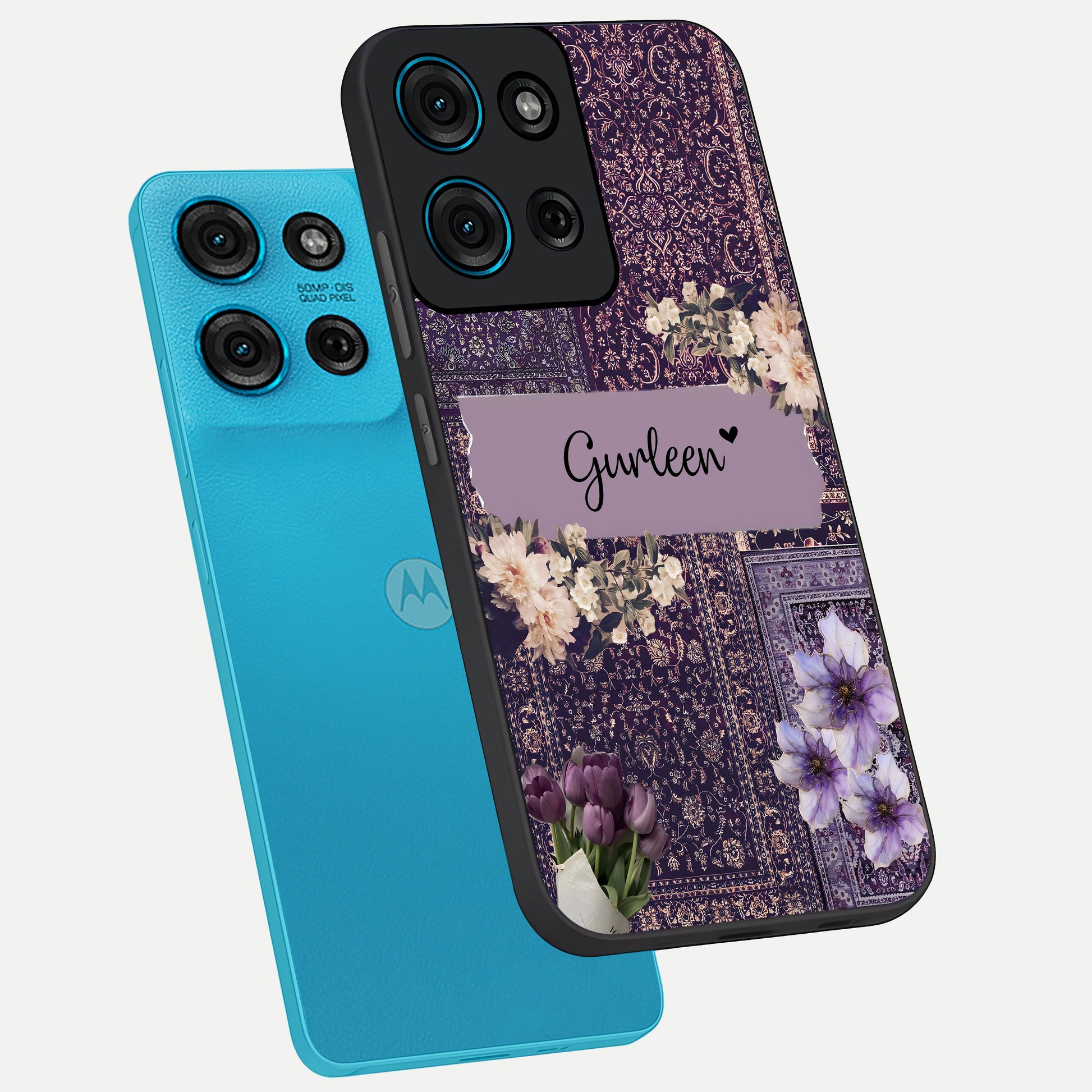 Antique Floral Whisper Custom Name Glass Case displayed in angled mockup highlighting elegant antique floral aesthetic.