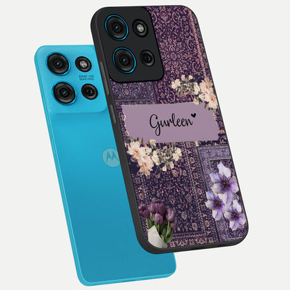 Antique Floral Whisper Custom Name Glass Case displayed in angled mockup highlighting elegant antique floral aesthetic.