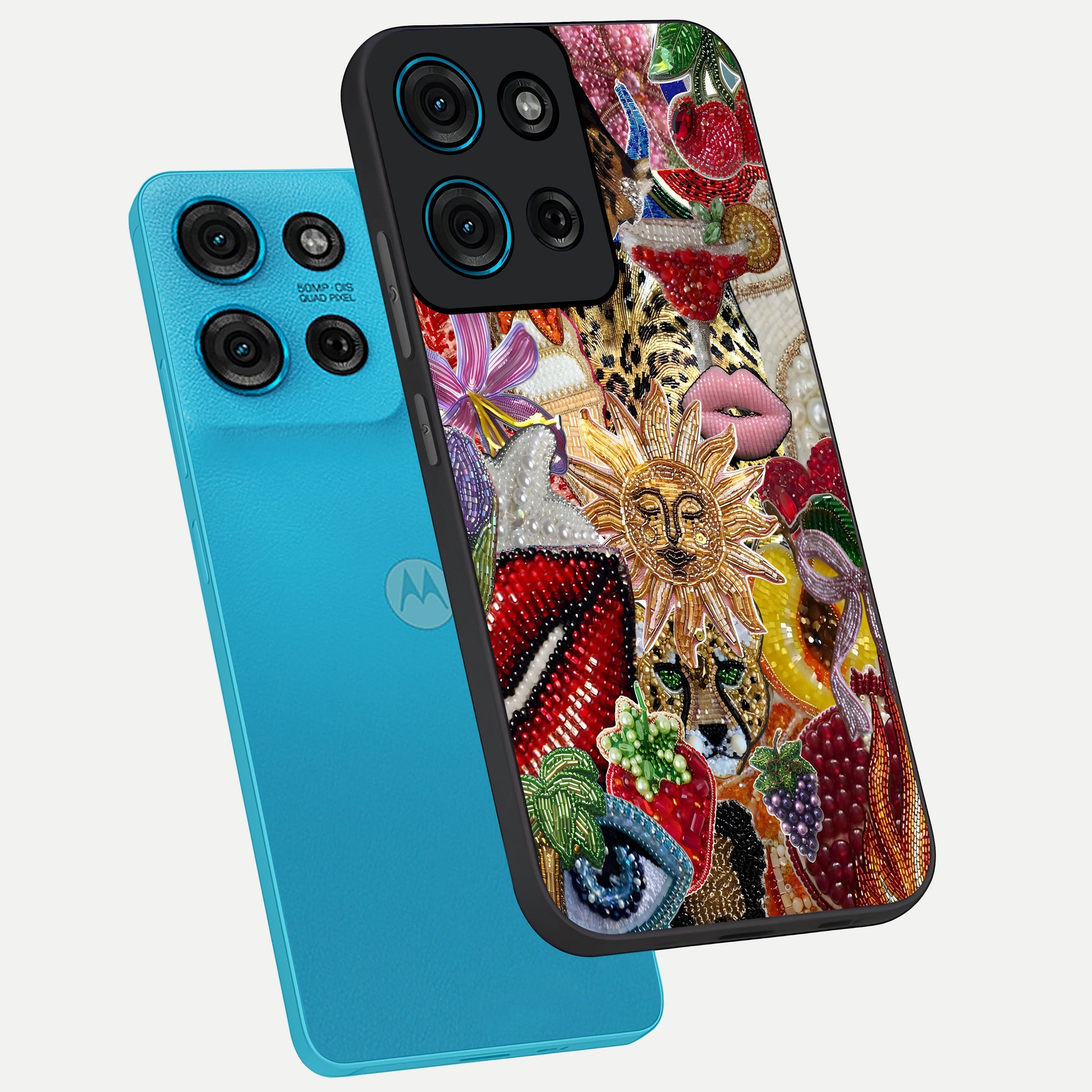 Beaded Fashion Jungle Glass Case displayed in angled mockup highlighting colorful fashion bead design and artistic pattern.