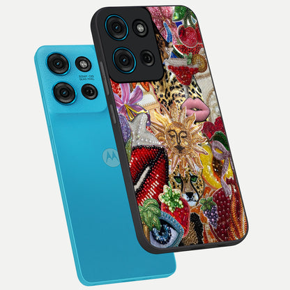 Beaded Fashion Jungle Glass Case displayed in angled mockup highlighting colorful fashion bead design and artistic pattern.