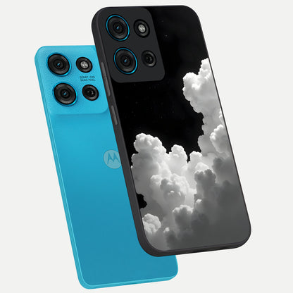 Black Background With White Cloud Glass Case displayed in angled mockup highlighting soft white cloud illustration and minimal design.