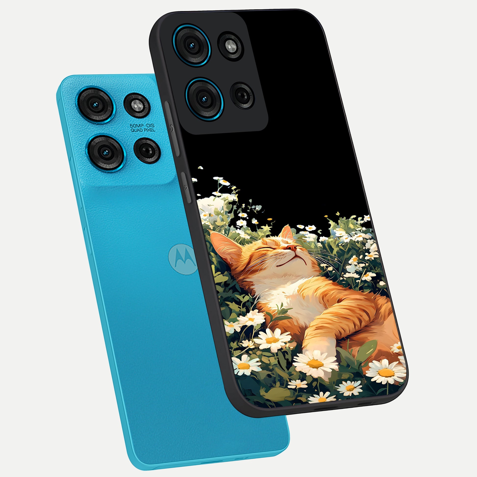 Blissful Bloom Cat Glass Case displayed in angled mockup highlighting playful feline illustration with soft floral aesthetic.