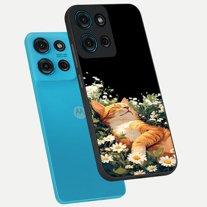 Blissful Bloom Cat Glass Case displayed in angled mockup highlighting playful feline illustration with soft floral aesthetic.