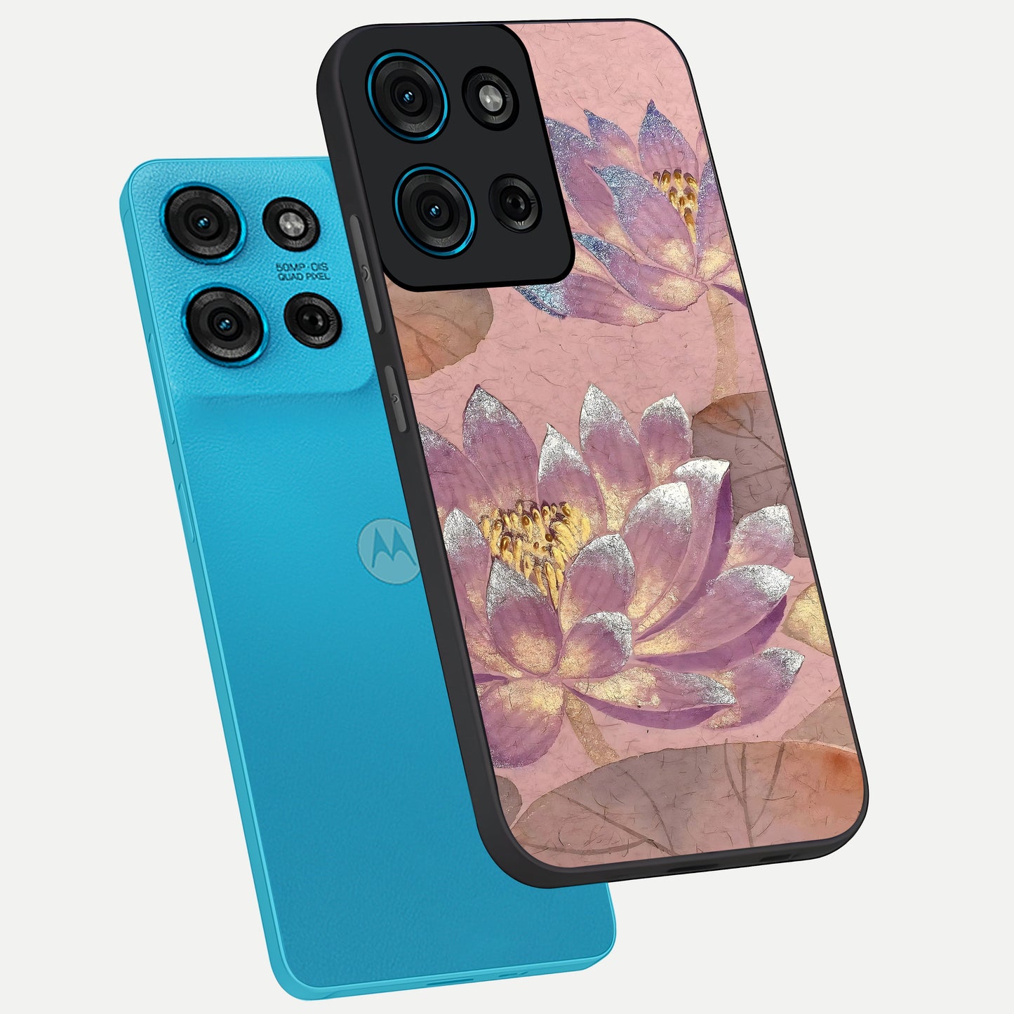 Blossom Mist Lotus Glass Case displayed in angled mockup highlighting delicate lotus illustration with calm aesthetic theme.