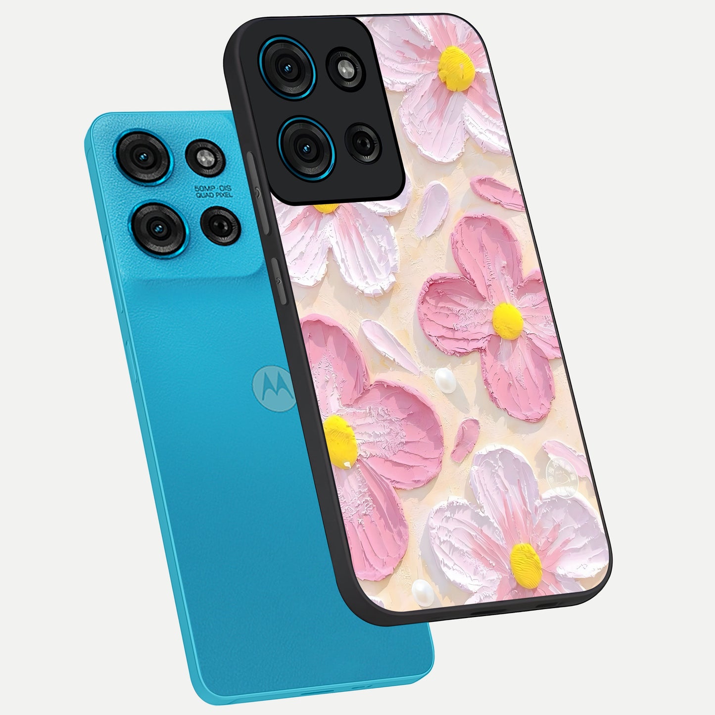 Blush Bloom Texture Glass Case displayed in angled mockup highlighting subtle bloom pattern with aesthetic pastel design.