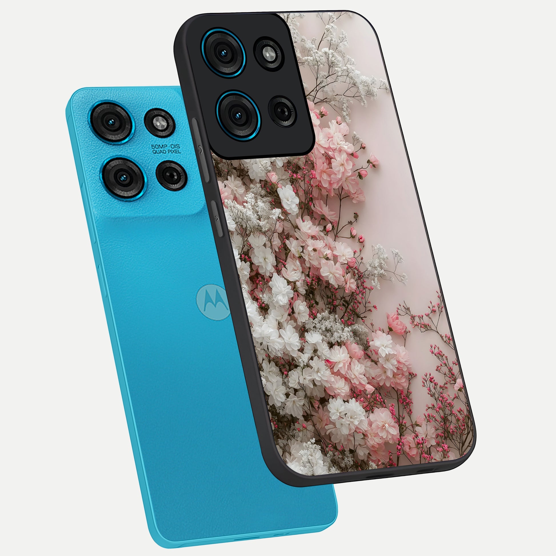 Blush Blossom Cloud Glass Case displayed in angled mockup highlighting soft cloud and blossom design with pastel aesthetic.