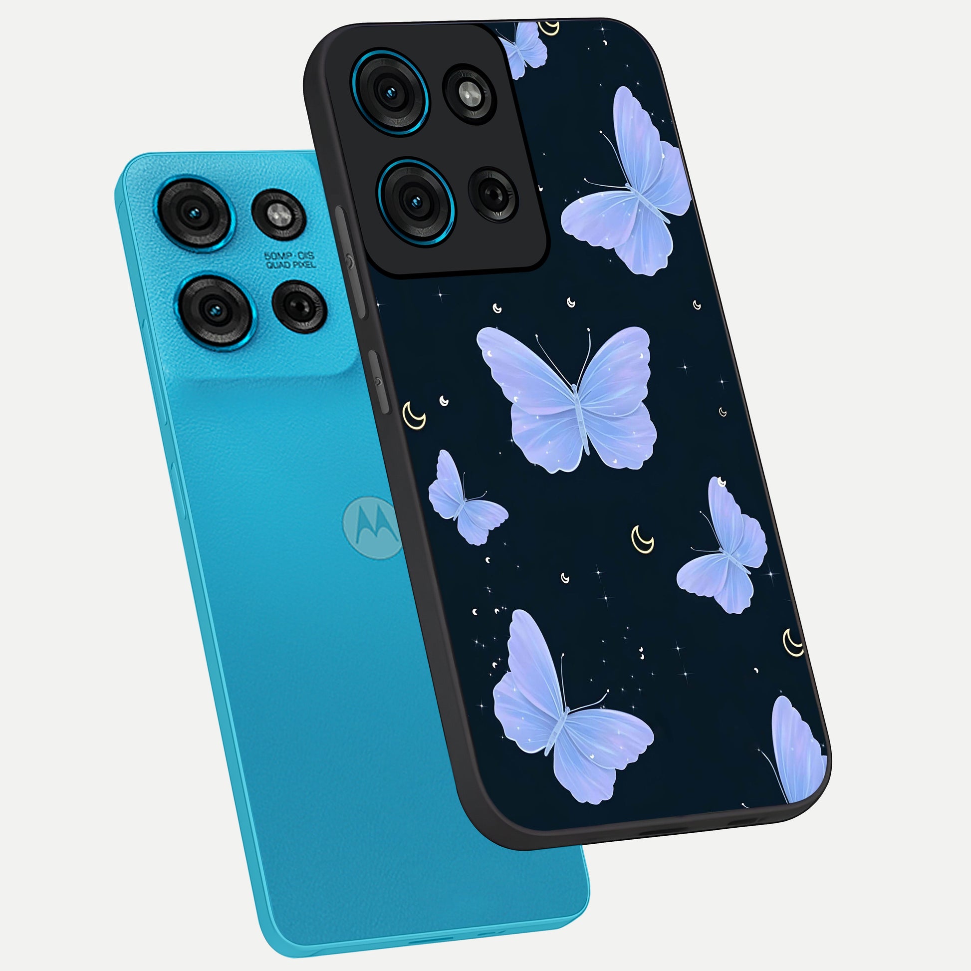 Butterfly With Stars Pattern Glass Case displayed in angled mockup highlighting dreamy butterfly and star design with aesthetic theme.