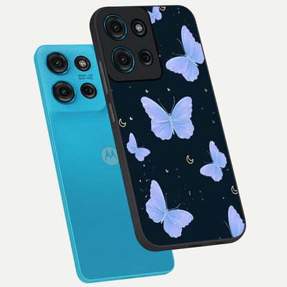 Butterfly With Stars Pattern Glass Case displayed in angled mockup highlighting dreamy butterfly and star design with aesthetic theme.