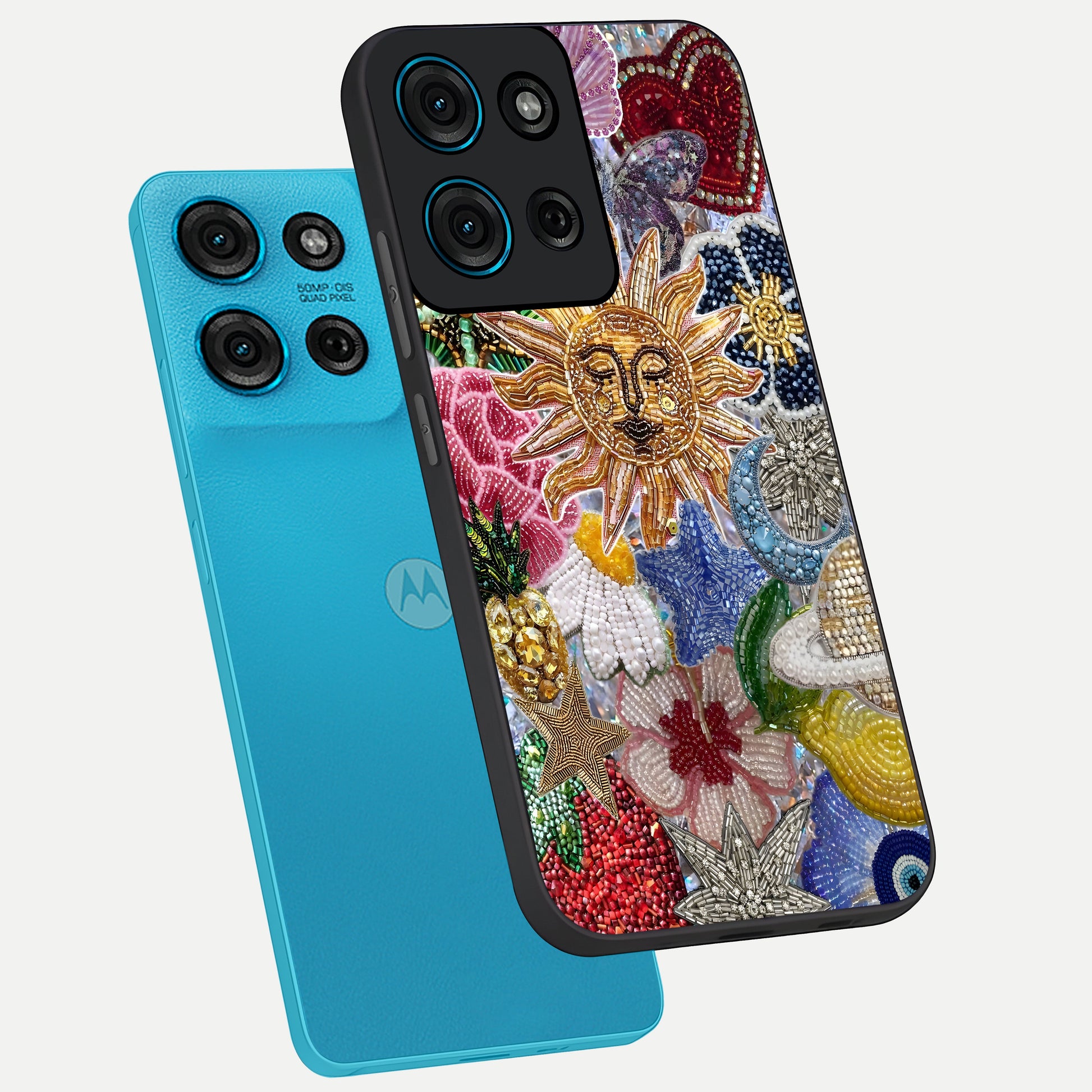 Celestial Floral and Playful Glass Case displayed in angled mockup highlighting playful floral design with dreamy celestial elements.