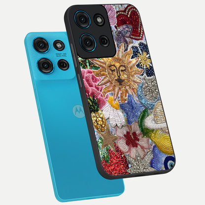 Celestial Floral and Playful Glass Case displayed in angled mockup highlighting playful floral design with dreamy celestial elements.