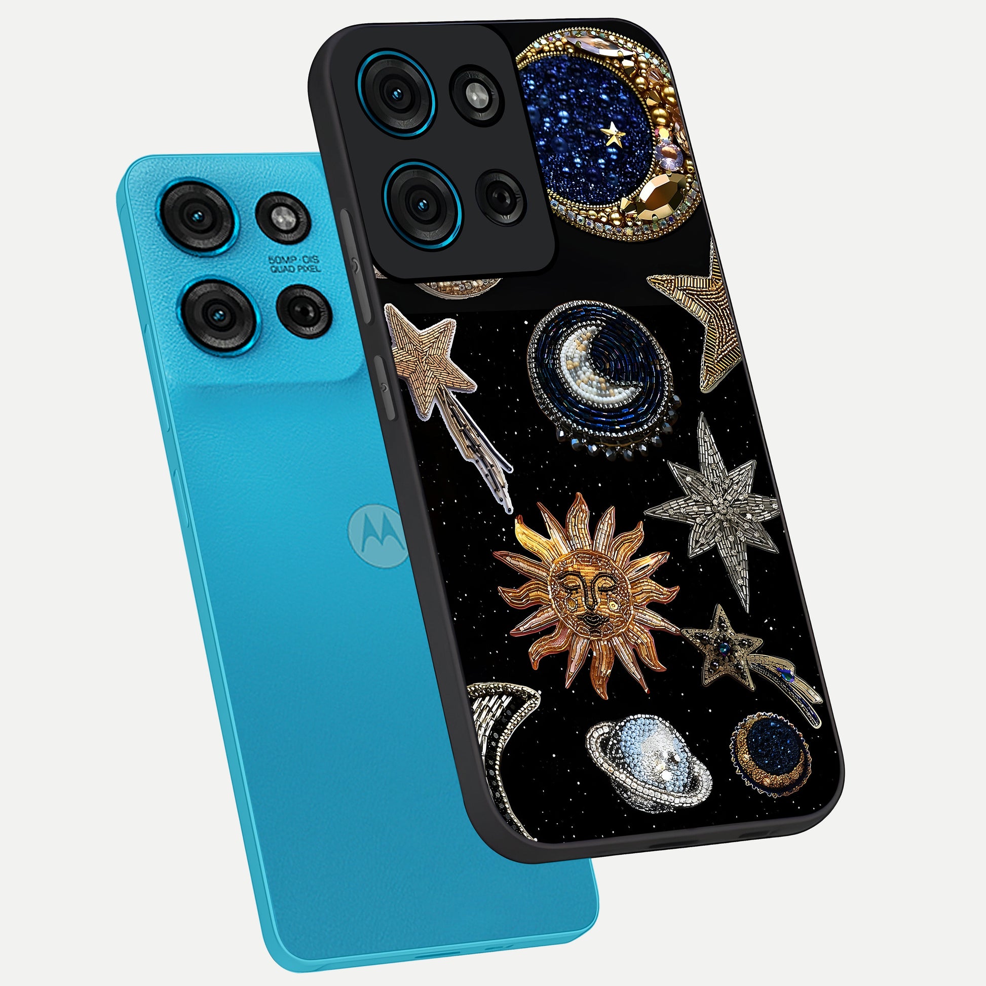 Celestial Gem Constellations Glass Case displayed in angled mockup highlighting gemstone inspired constellation design.