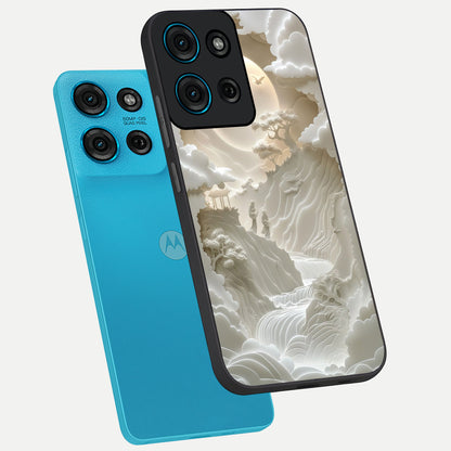 Celestial Origami Glass Case displayed in angled mockup highlighting geometric origami design with cosmic aesthetic theme.