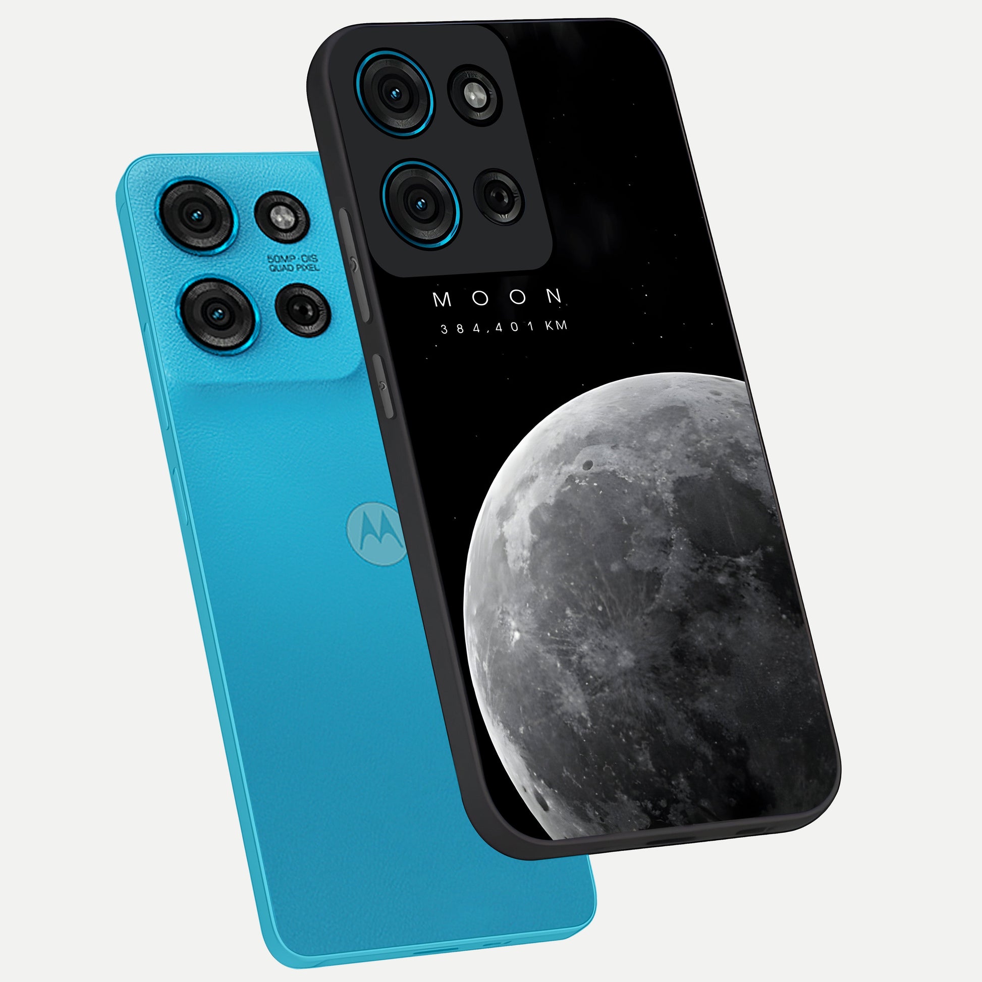 Cosmic Moon Glow Glass Case displayed in angled mockup highlighting celestial moon design with cosmic aesthetic theme.