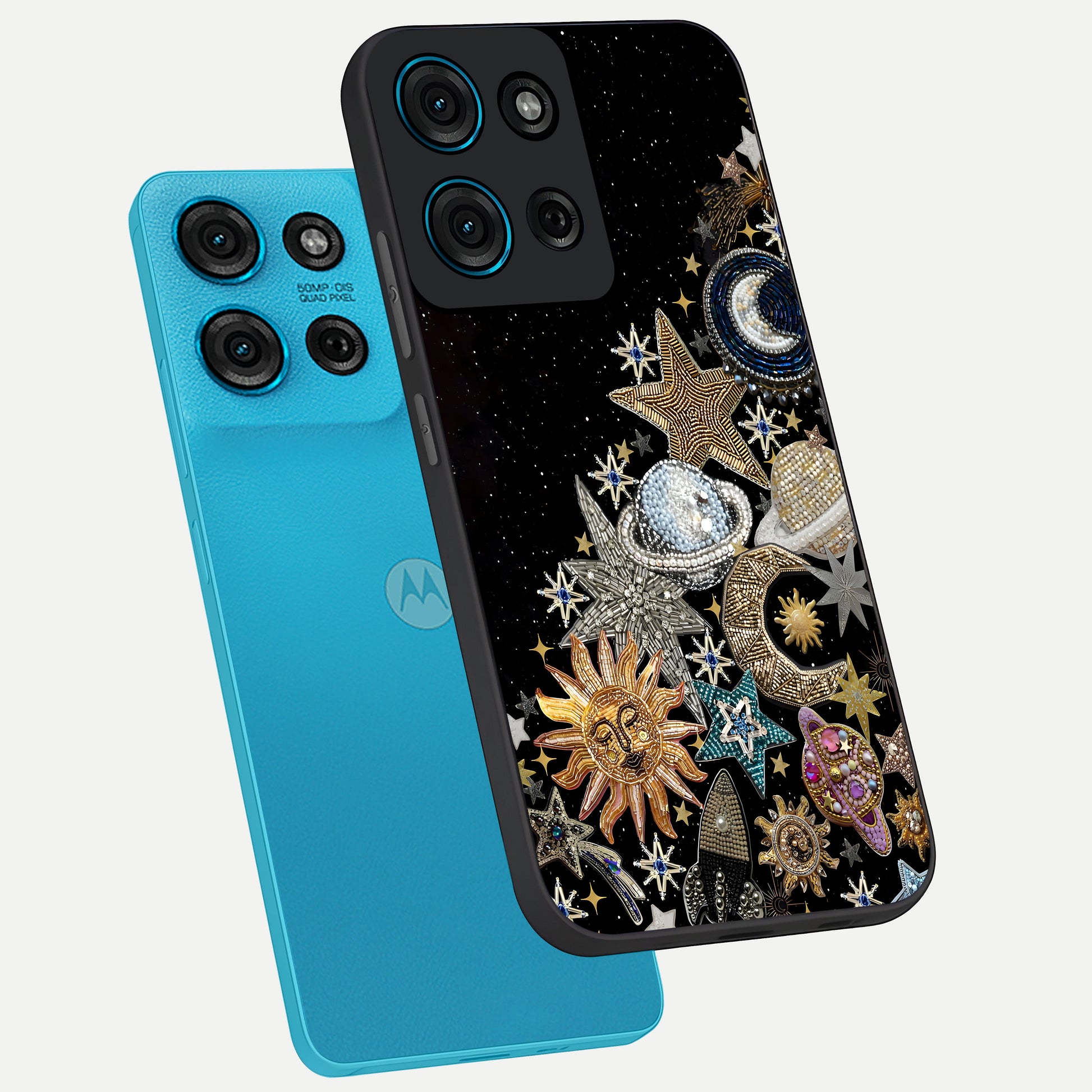Cosmic Sparkle Dreams Glass Case displayed in angled mockup highlighting dreamy star sparkle design with celestial aesthetic.