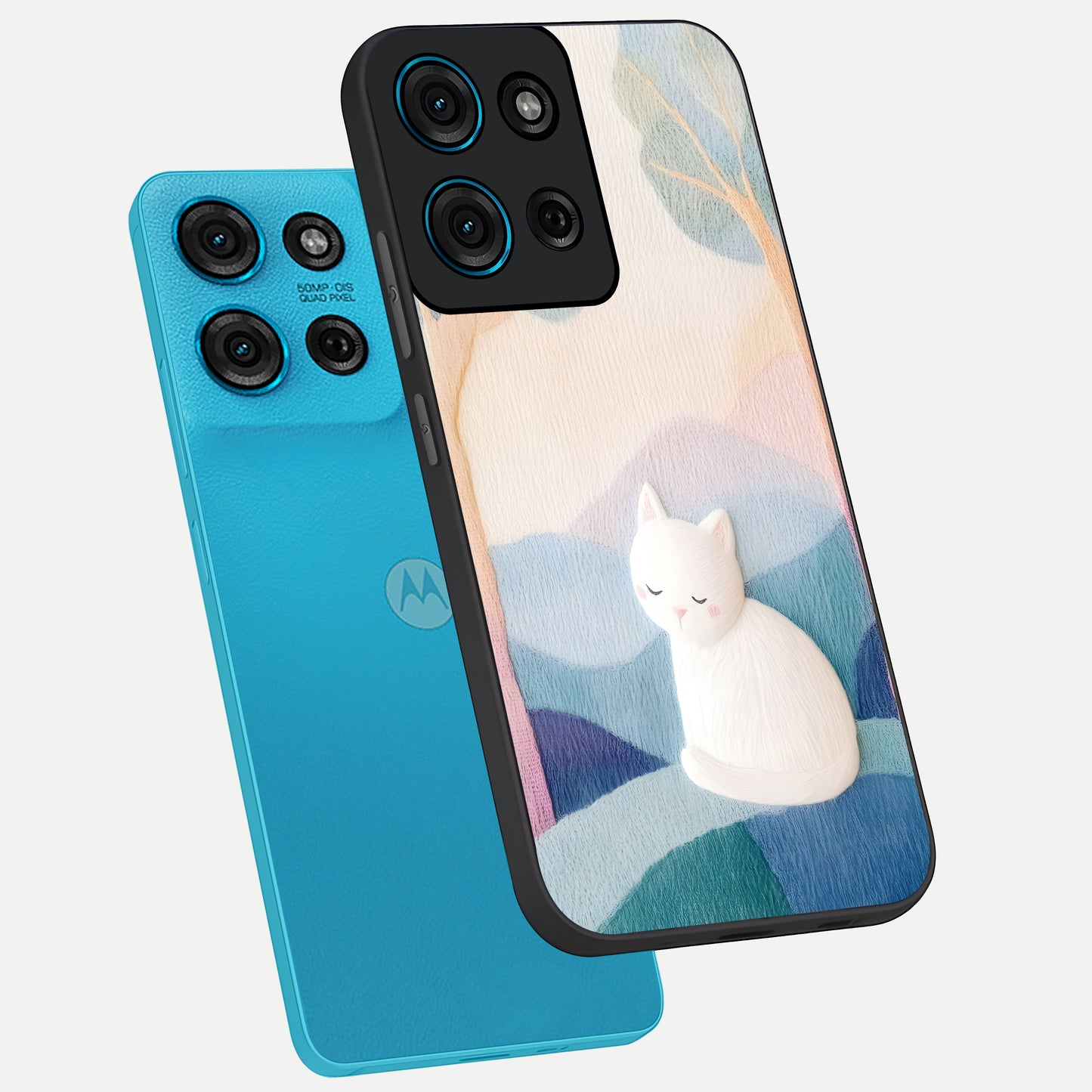 Cotton Dream Cat Glass Case displayed in angled mockup highlighting cute feline illustration with pastel aesthetic style.