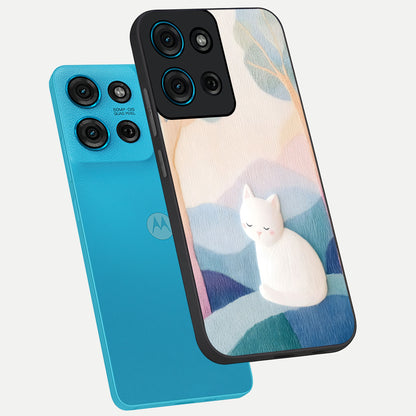 Cotton Dream Cat Glass Case displayed in angled mockup highlighting cute feline illustration with pastel aesthetic style.