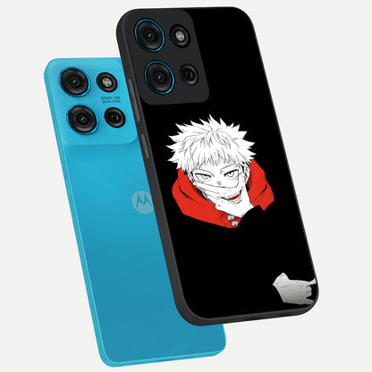 Crimson Chaos Smile Glass Case displayed in angled mockup highlighting edgy crimson smile design with graphic aesthetic.