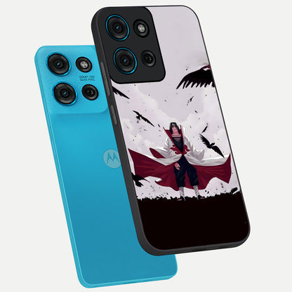 Crimson Crow Ascension Glass Case displayed in angled mockup highlighting powerful crow illustration with dark crimson aesthetic.