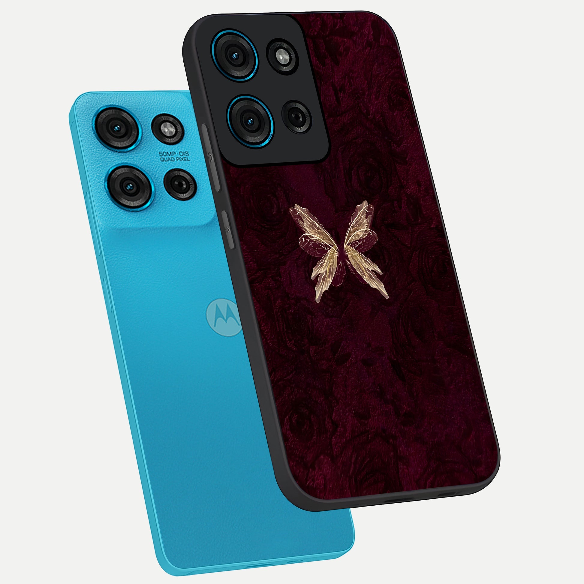 Crimson Fade Butterfly Glass Case displayed in angled mockup highlighting elegant butterfly design with crimson gradient aesthetic.