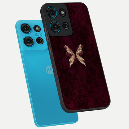 Crimson Fade Butterfly Glass Case displayed in angled mockup highlighting elegant butterfly design with crimson gradient aesthetic.