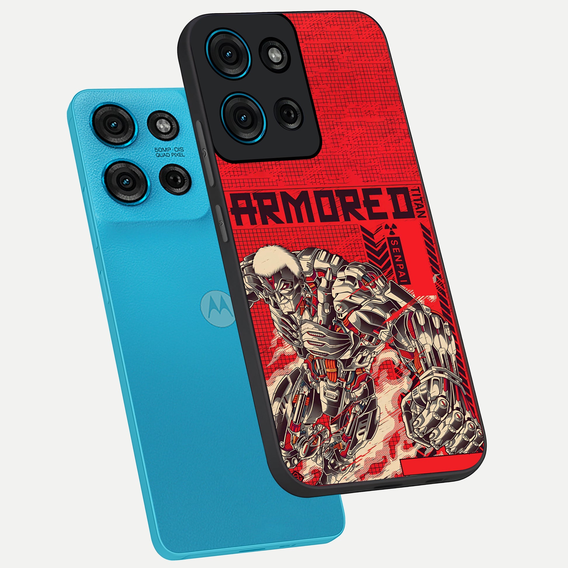 Crimson Mecha Titan Glass Case displayed in angled mockup highlighting futuristic mech illustration with bold crimson aesthetic.