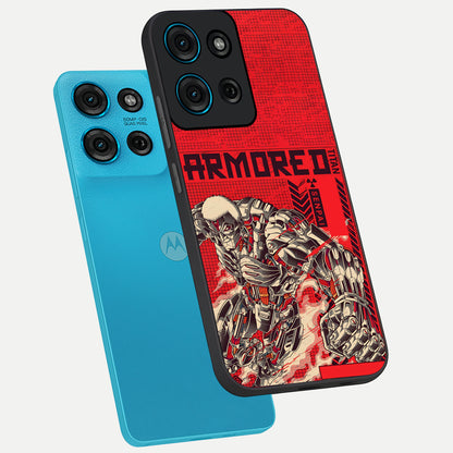 Crimson Mecha Titan Glass Case displayed in angled mockup highlighting futuristic mech illustration with bold crimson aesthetic.