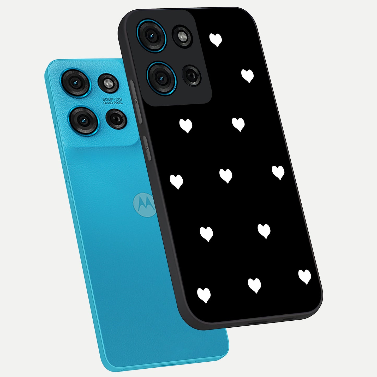 Cute And Simple White Hearts Glass Case displayed in angled mockup highlighting cute heart design with clean aesthetic style.