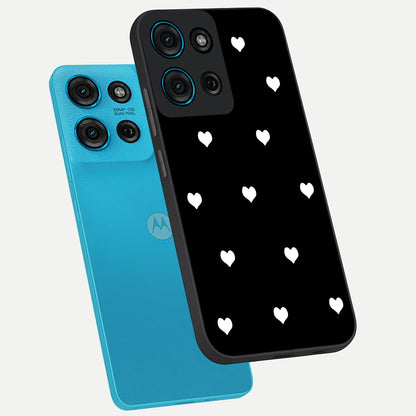 Cute And Simple White Hearts Glass Case displayed in angled mockup highlighting cute heart design with clean aesthetic style.