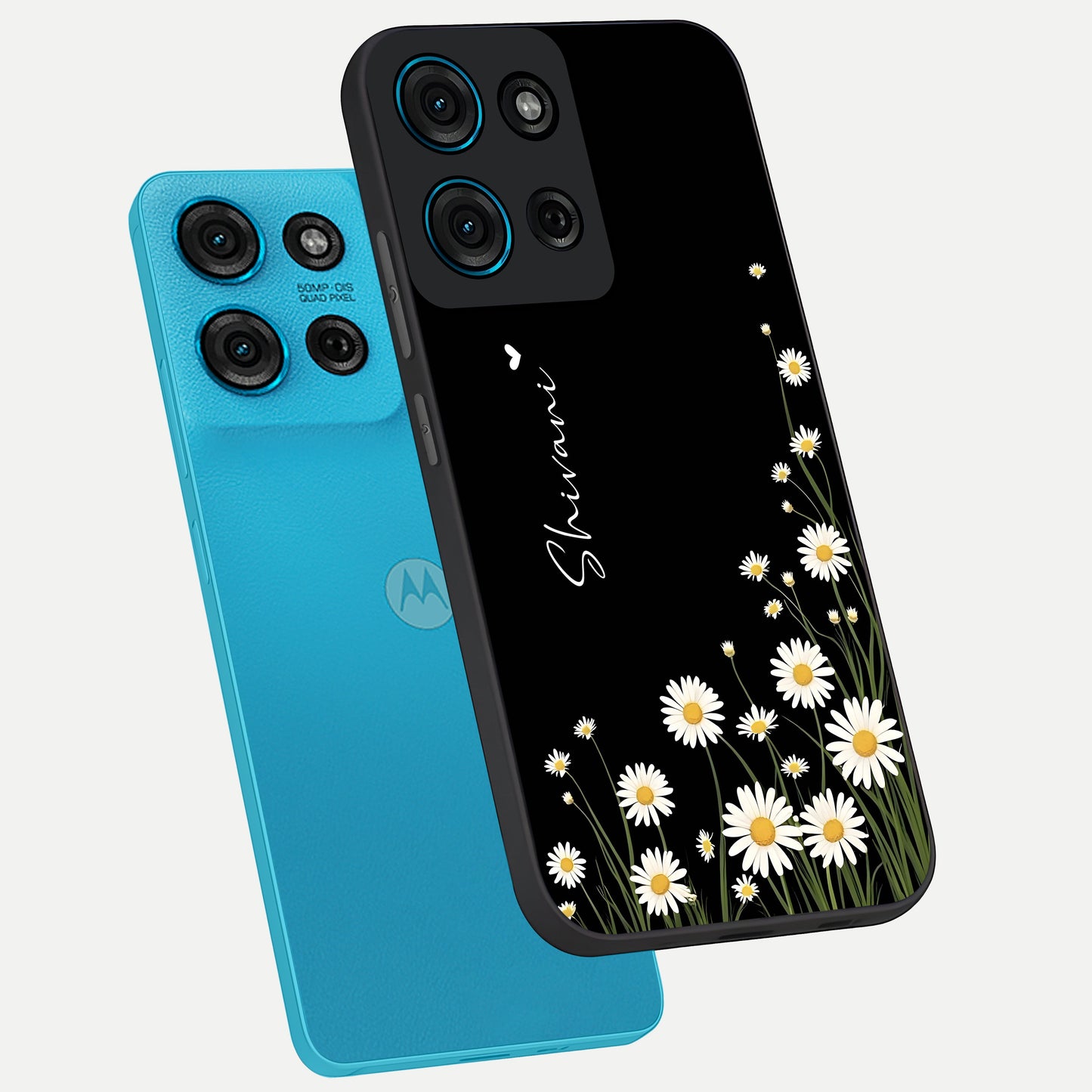 Daisy Cascade Custom Name Glass Case displayed in angled mockup highlighting delicate daisy artwork with custom name feature.