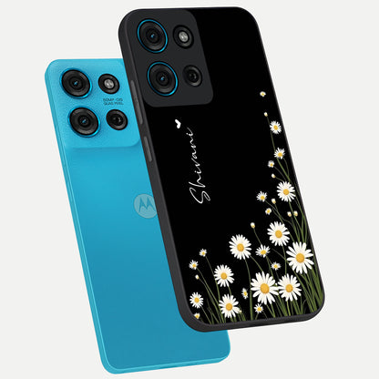 Daisy Cascade Custom Name Glass Case displayed in angled mockup highlighting delicate daisy artwork with custom name feature.