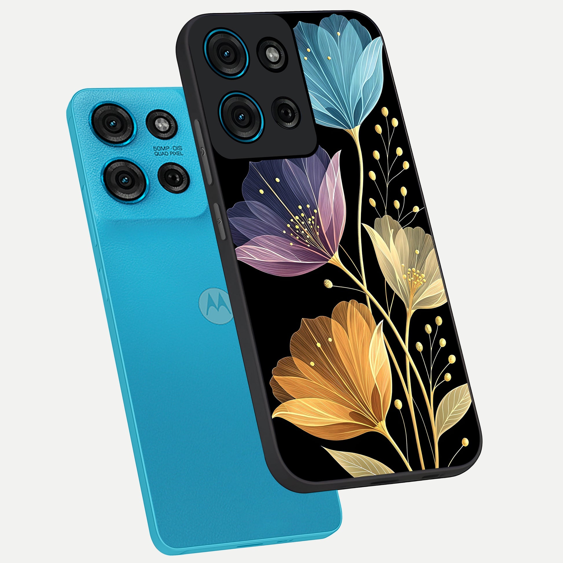 Delicate Multicolor Flowers Glass Case displayed in angled mockup highlighting colorful flower pattern with soft aesthetic style.