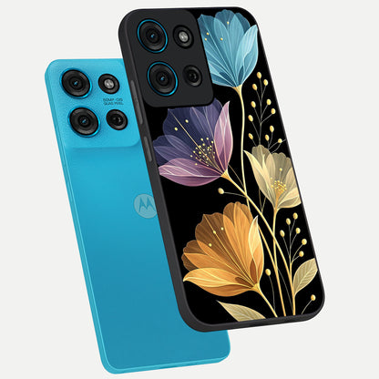 Delicate Multicolor Flowers Glass Case displayed in angled mockup highlighting colorful flower pattern with soft aesthetic style.