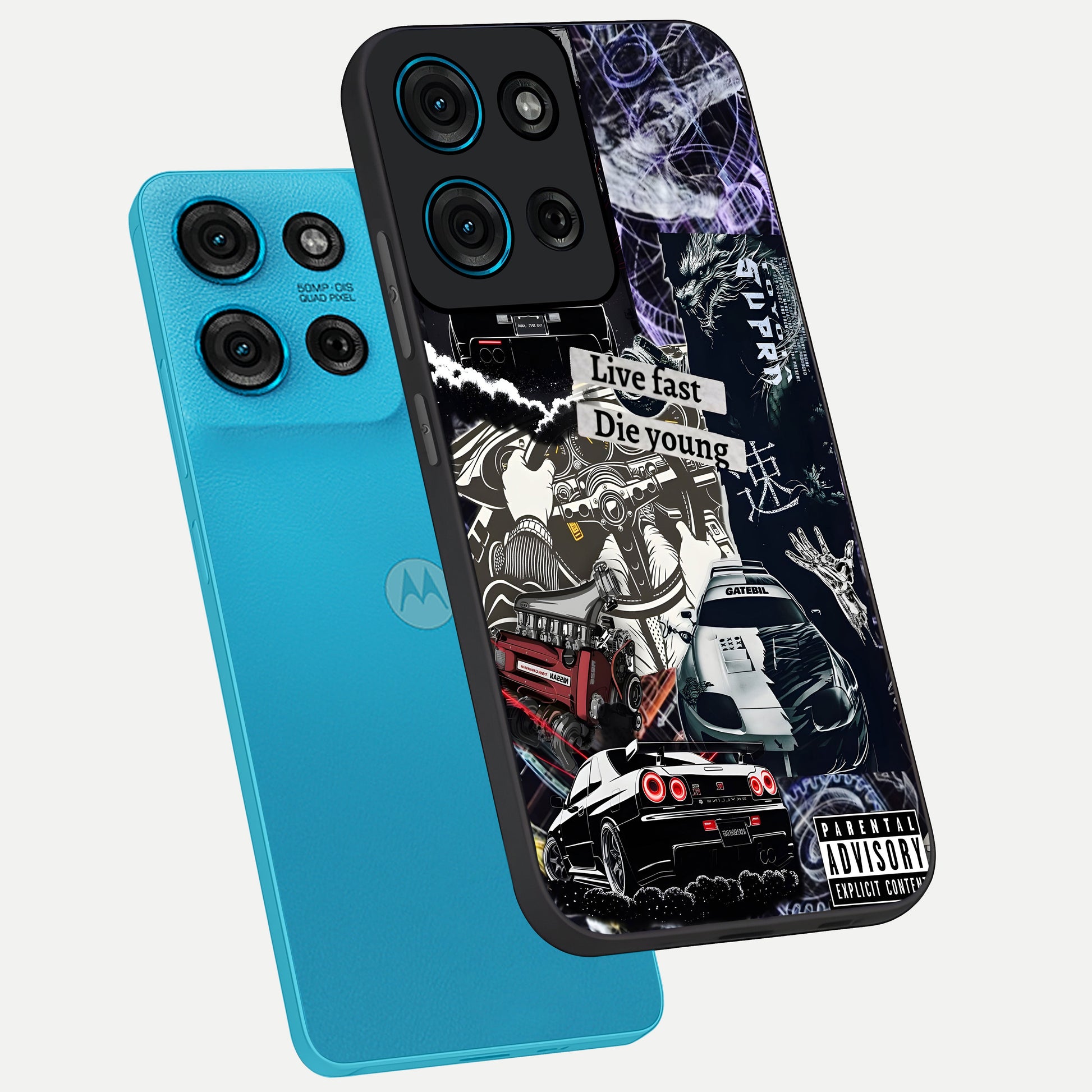 Die Young Glass Case displayed in angled mockup highlighting expressive graphic artwork with edgy aesthetic style.