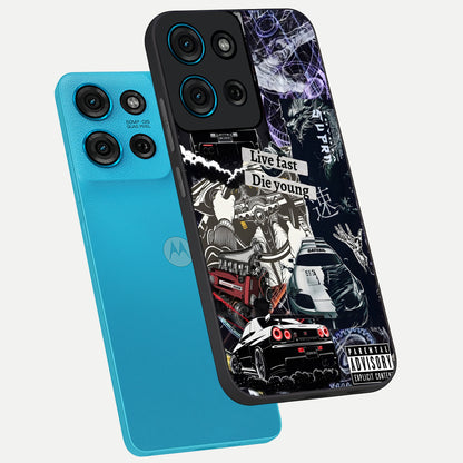 Die Young Glass Case displayed in angled mockup highlighting expressive graphic artwork with edgy aesthetic style.