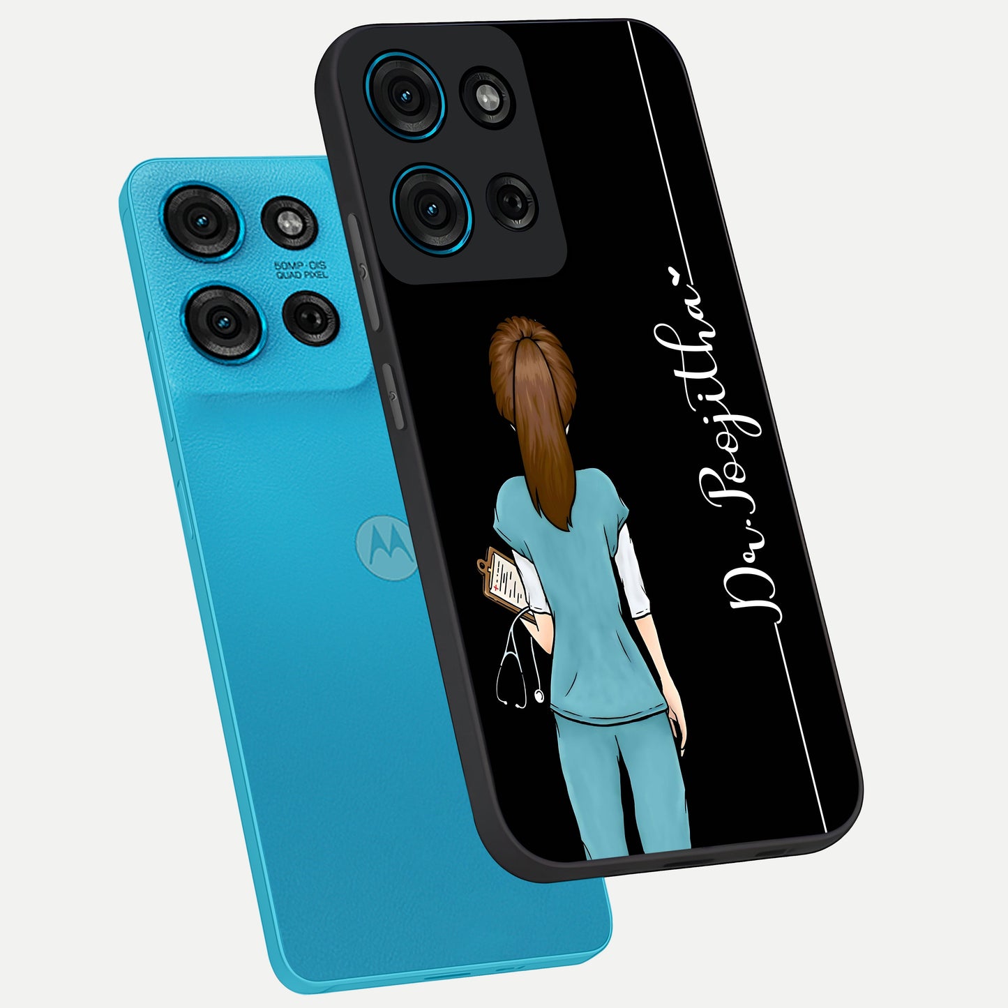 Doctor Pattern Custom Name Glass Case displayed in angled mockup highlighting doctor inspired artwork with custom name feature.