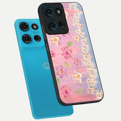 Dreamy Painted Garden Glass Case displayed in angled mockup highlighting colorful garden illustration with dreamy aesthetic style.