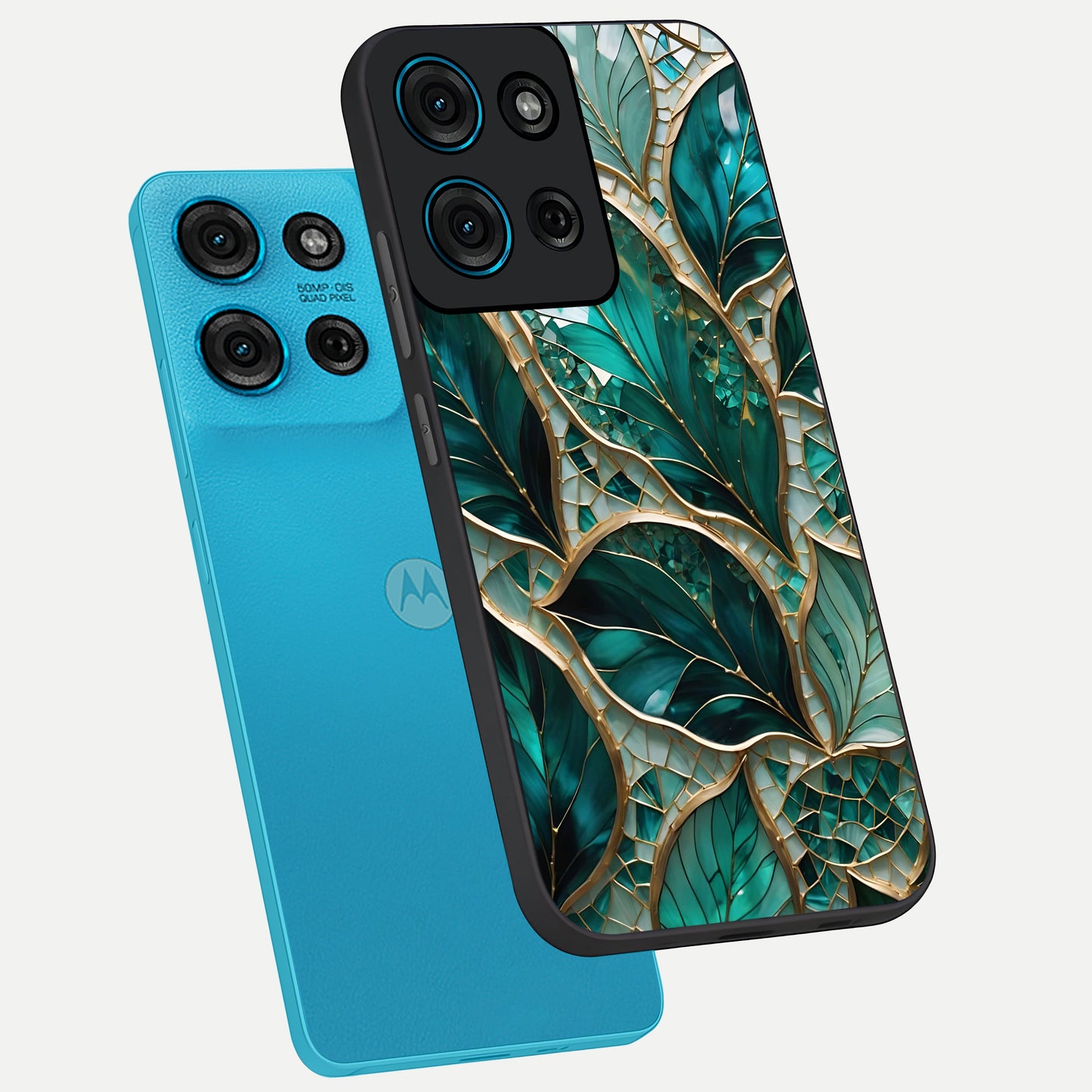 Emerald Leaf Glass Glass Case displayed in angled mockup highlighting botanical leaf illustration with elegant natural aesthetic.