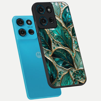 Emerald Leaf Glass Glass Case displayed in angled mockup highlighting botanical leaf illustration with elegant natural aesthetic.