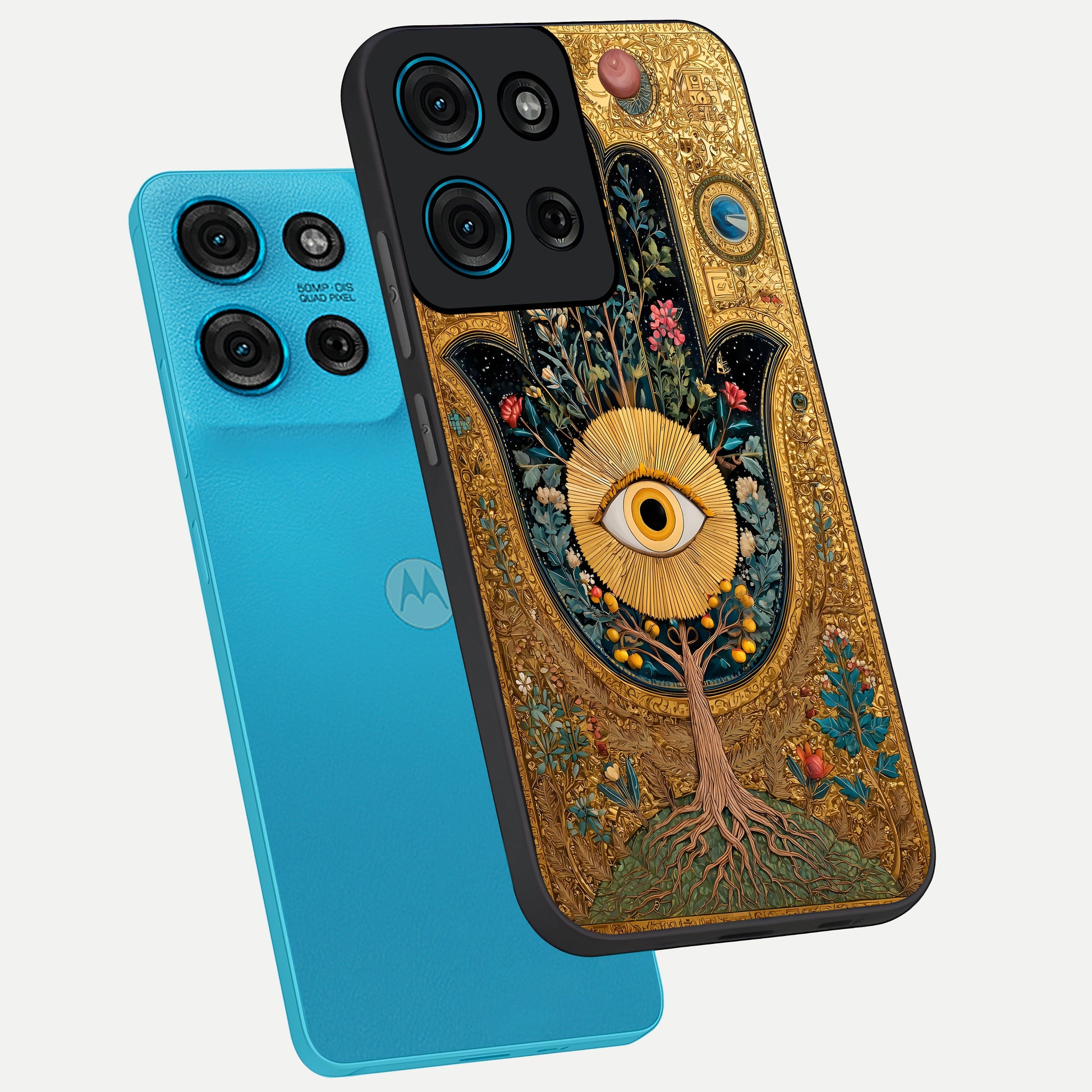 Ethereal Evil Eye Glass Case displayed in angled mockup highlighting protective evil eye symbol with spiritual aesthetic design.