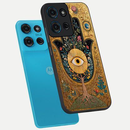 Ethereal Evil Eye Glass Case displayed in angled mockup highlighting protective evil eye symbol with spiritual aesthetic design.