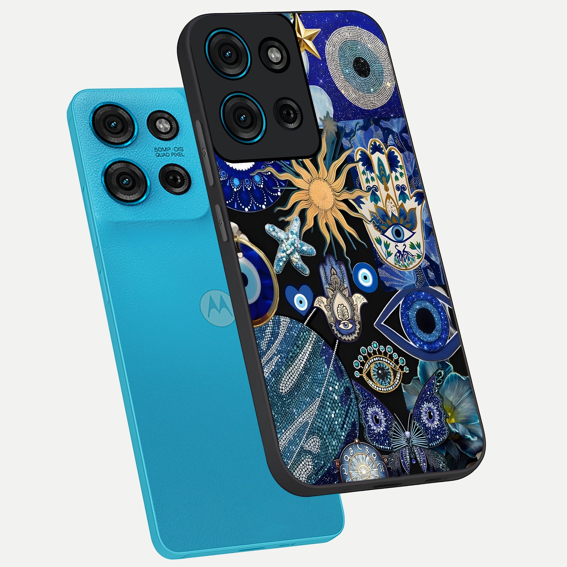 Evil Eye Charm Mix Glass Case displayed in angled mockup highlighting protective evil eye symbols with spiritual aesthetic design.
