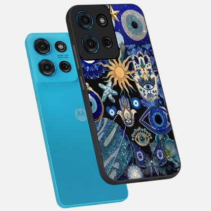 Evil Eye Charm Mix Glass Case displayed in angled mockup highlighting protective evil eye symbols with spiritual aesthetic design.