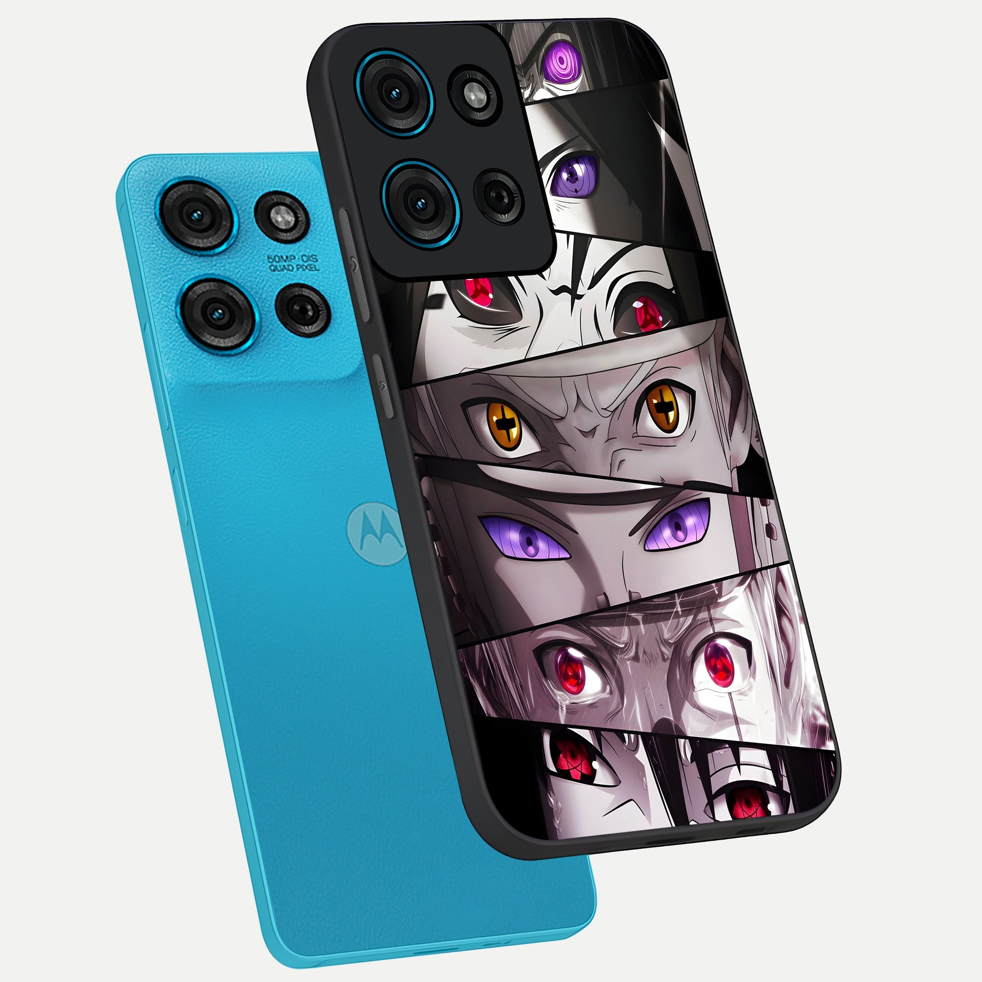 Eyes of Destiny Glass Case displayed in angled mockup highlighting bold eye illustration with mystical aesthetic style.