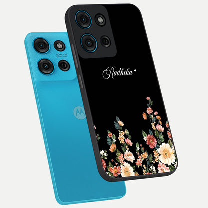 Floral Design With a Custom Personalized Name Glass Case displayed in angled mockup highlighting elegant floral pattern with custom name feature.