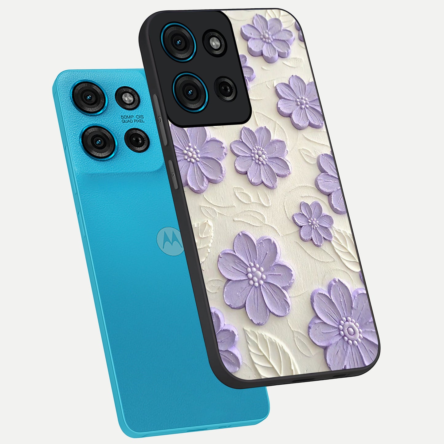 Floral Wall Art With Purple Flowers Glass Case displayed in angled mockup highlighting vibrant purple floral illustration with artistic aesthetic.