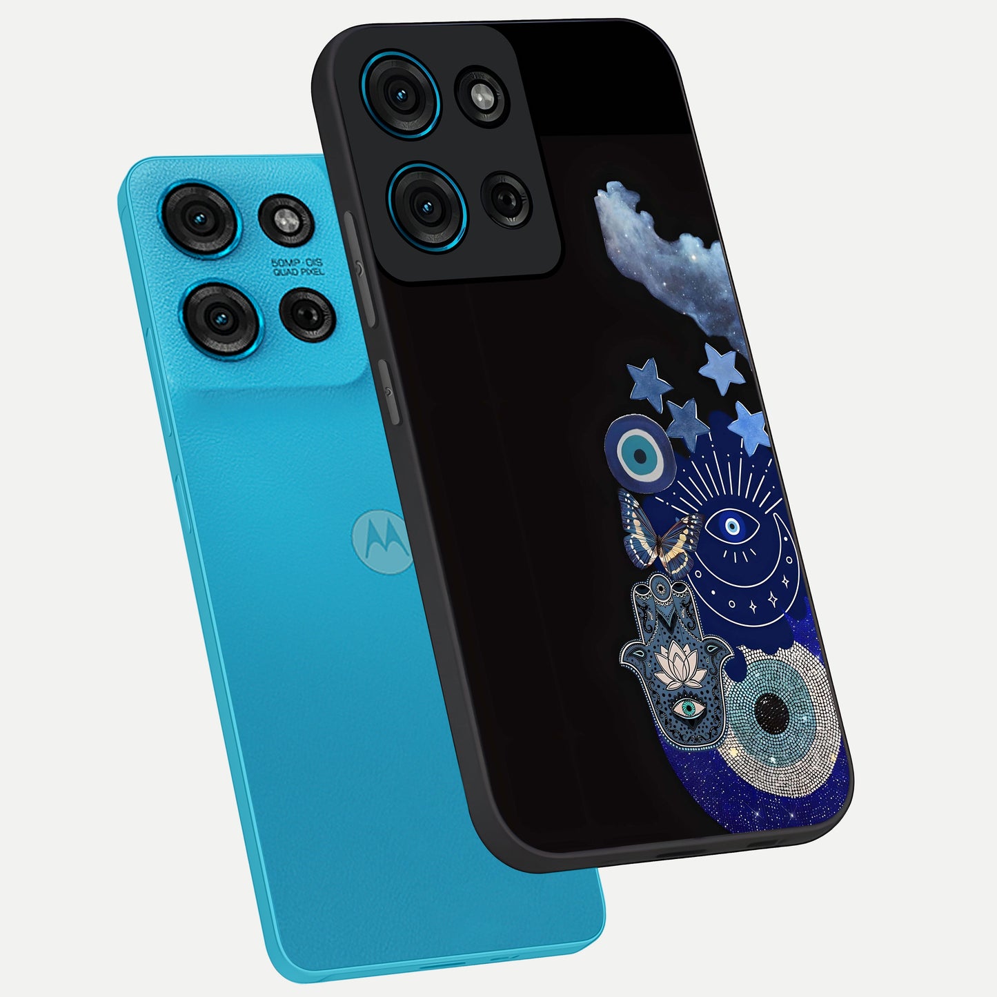 Galactic Charm Cluster Glass Case displayed in angled mockup highlighting luminous galaxy inspired design with dreamy aesthetic.
